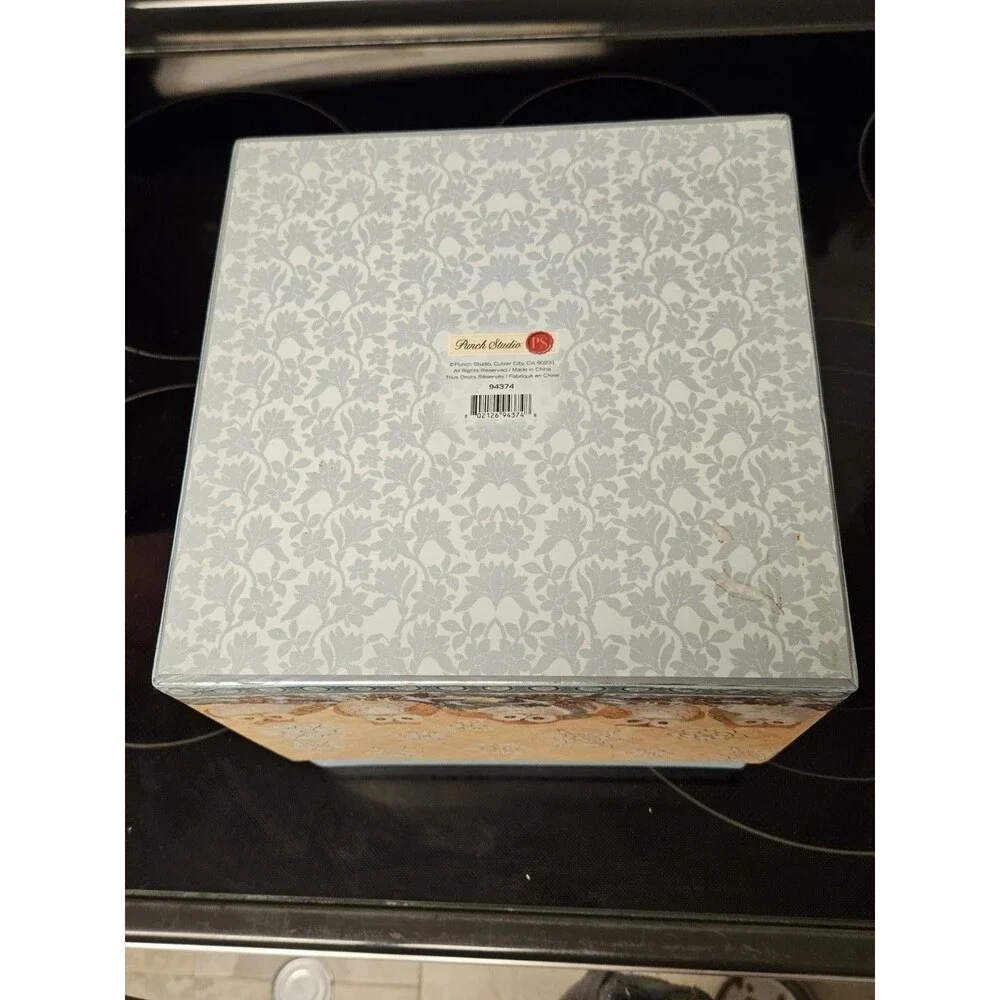 Elegant Storage Box Blue, Yellow, Silver Filigree Owl Print 9